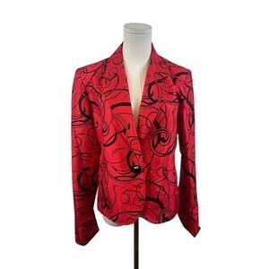 Y2K Transitions 100% Silk Blazer Red Black Abstract Print Career Jacket Size‎ 12